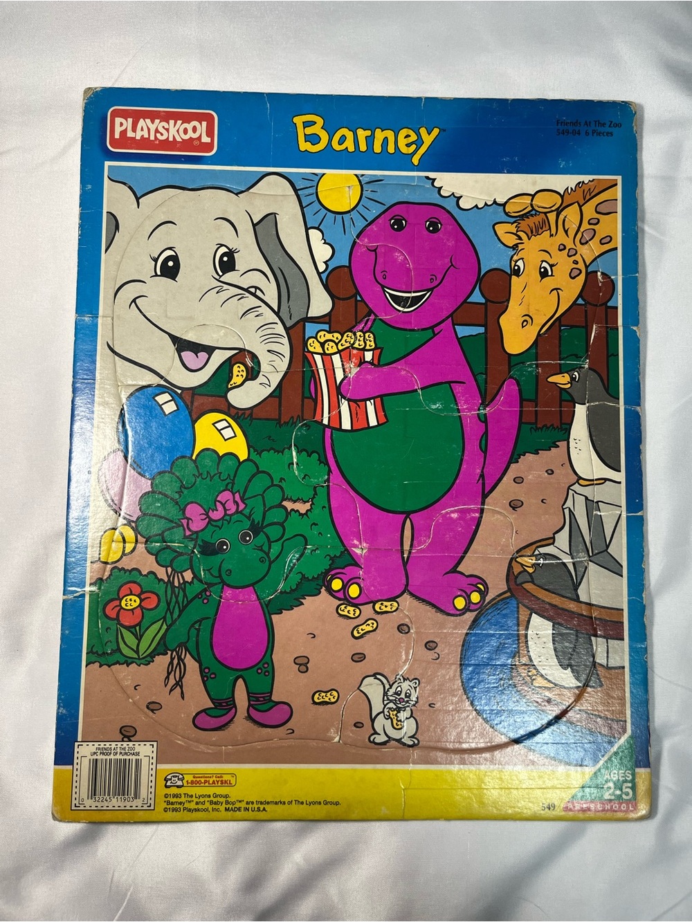 Vintage‎ Barney Friends At The Zoo 6 Piece Tray Puzzle Playskool 1993 Cardboard